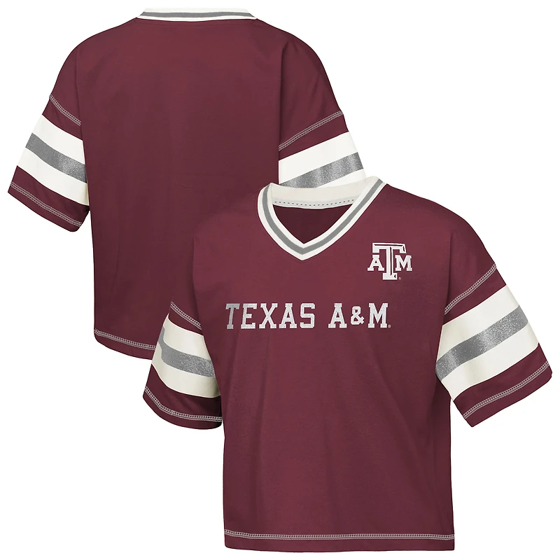 T-shirt à col en V marron pour jeunes filles des Texas A&M Aggies Grid Iron