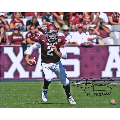 Johnny Manziel Texas A&M Aggies Autographed 16" x 20" Red Jersey Scrambling Photograph with "Heisman 12" Inscription