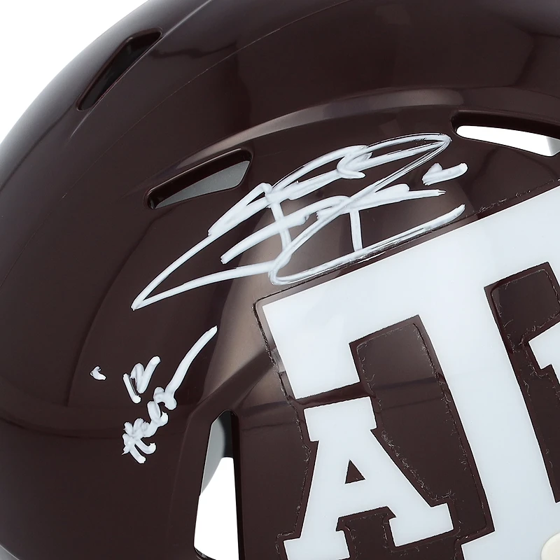 Johnny Manziel Texas A&M Aggies Autographed Riddell Maroon Speed Mini Helmet with 12 Heisman Inscription - Imperfect Inscription