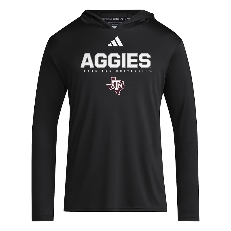 Men's adidas Black Texas A&M Aggies 2025 AEROREADY Sideline Training Long Sleeve Hooded T-Shirt