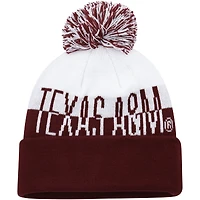 Bonnet en tricot à revers avec pompons adidas Texas A&M Aggies Colorblock pour homme, marron/blanc