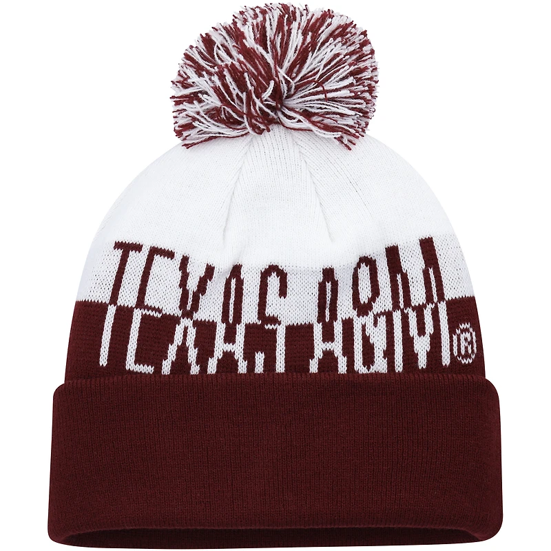 Bonnet en tricot à revers avec pompons adidas Texas A&M Aggies Colorblock pour homme, marron/blanc