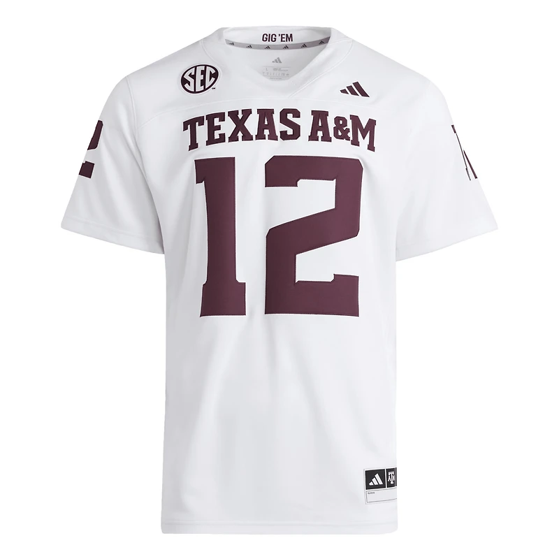 Maillot adidas #12 blanc pour homme des Texas A&M Aggies Premier
