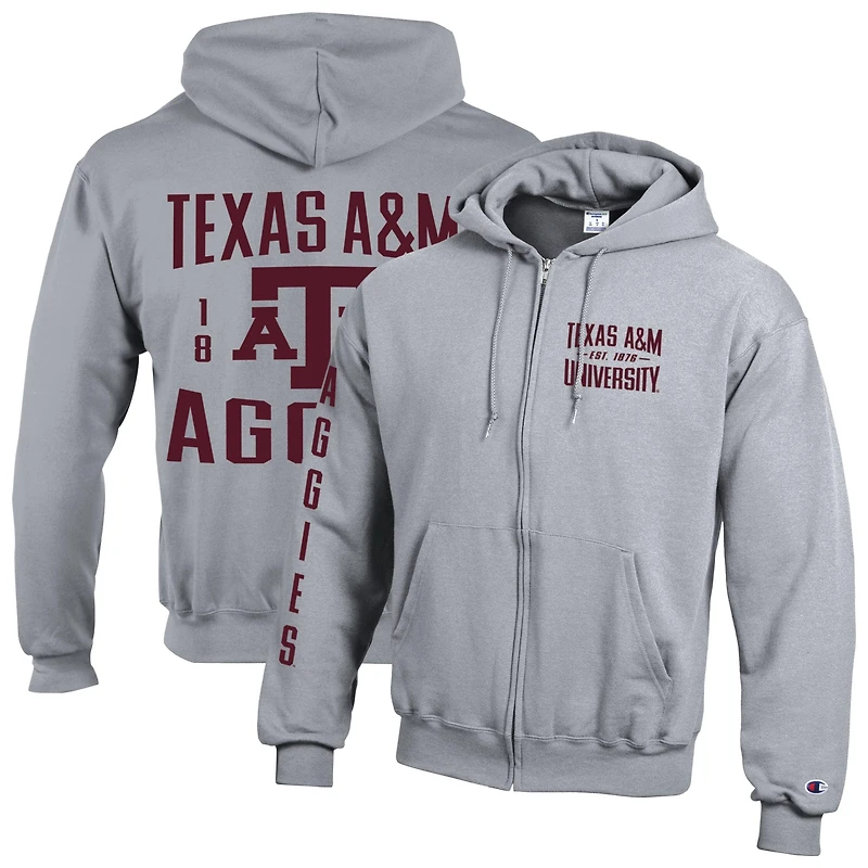 Sweat à capuche zippé en polaire Powerblend gris Champion Texas A&M Aggies Varsity pour homme