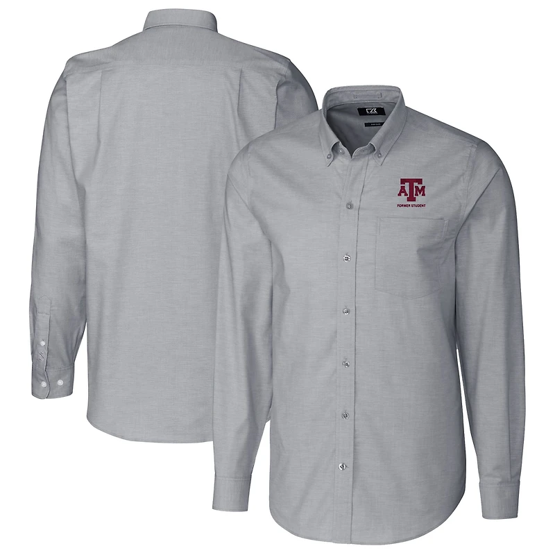 Chemise boutonnée à manches longues en tissu Oxford extensible avec logo des anciens élèves Texas A&M Aggies, couleur anthracite, pour homme, Cutter & Buck