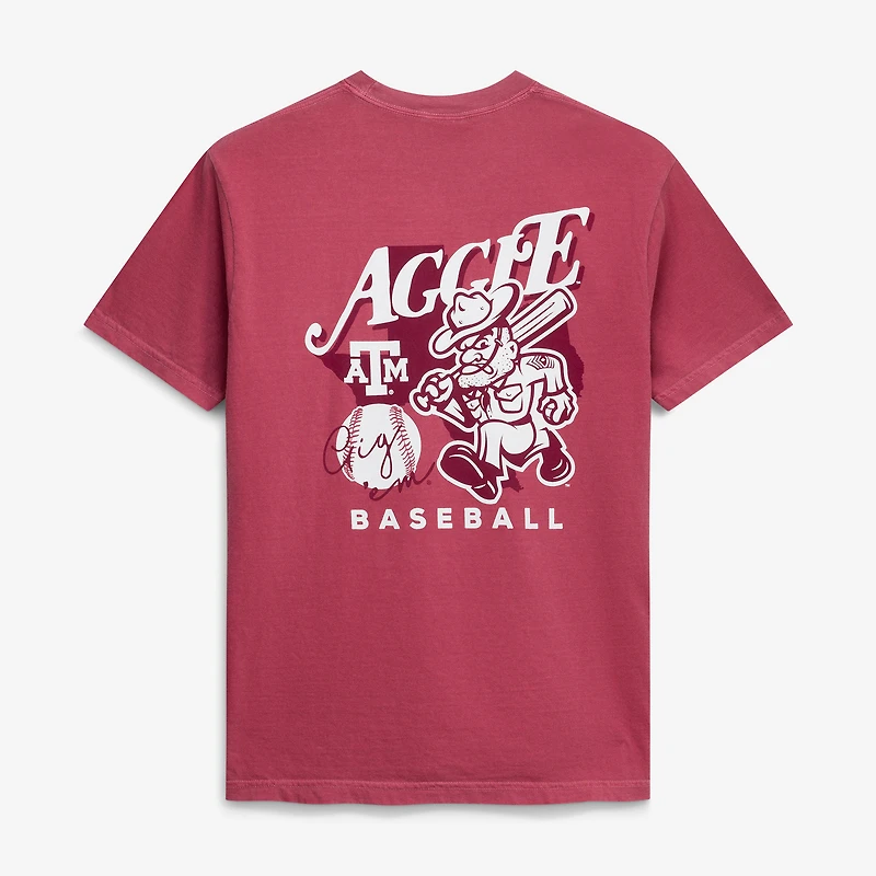 T-shirt de baseball bordeaux pour homme Texas A&M Aggies avec mascotte dessinée