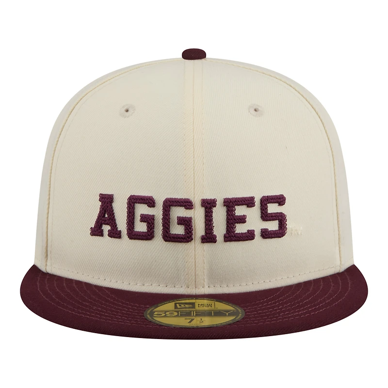 Casquette ajustée New Era 59FIFTY crème/bordeaux pour homme, logo Texas A&M Aggies.