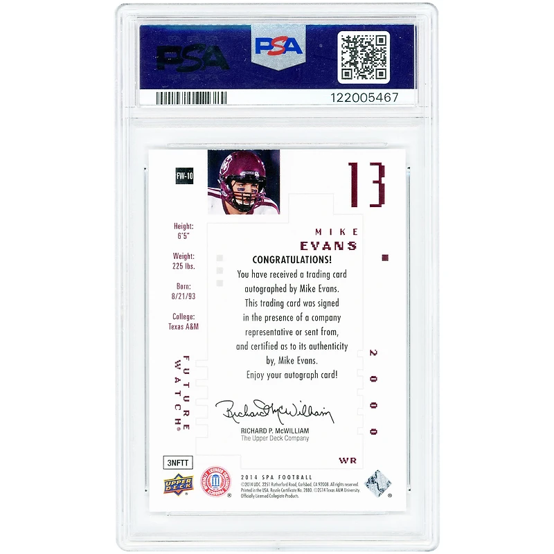 Mike Evans Texas A&M Aggies Autographed 2014 Upper Deck SP Authentic Future Watch #FW-10 #9/25 PSA Authenticated 9 Card