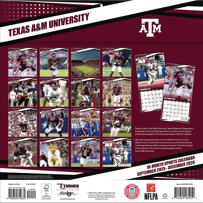 Texas A&M Aggies 12” x 12” 2026 Team Wall Calendar
