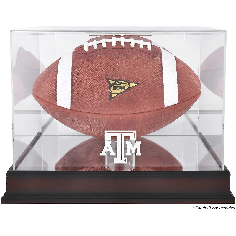 Vitrine de présentation du logo de football des Texas A&M Aggies avec base en acajou et dos en miroir