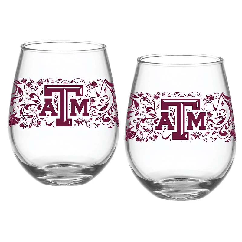 Texas A&M Aggies, paquet de deux 15 oz. Ensemble de verres floraux sans pied