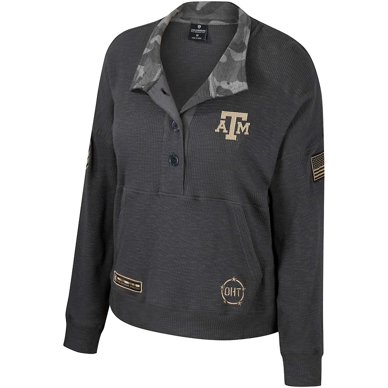 Women's Colosseum  Heather Charcoal Texas A&M Aggies OHT Military Appreciation Payback Henley Thermal Sweatshirt