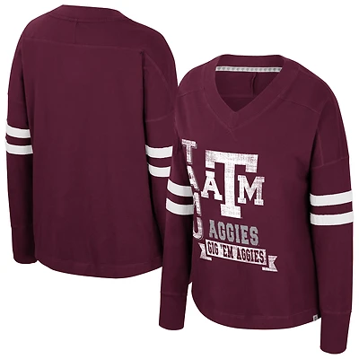Women's Colosseum Maroon Texas A&M Aggies Oversized Violet Distressed V-Neck Long Sleeve T-Shirt
