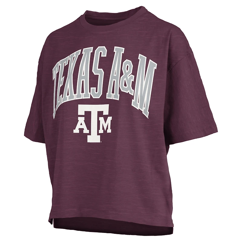 T-shirt surdimensionné flammé pour femme, couleur bordeaux, avec logo Nelson Arch Over, longueur à la taille, Texas A&M Aggies