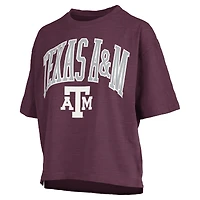 T-shirt surdimensionné flammé pour femme, couleur bordeaux, avec logo Nelson Arch Over, longueur à la taille, Texas A&M Aggies