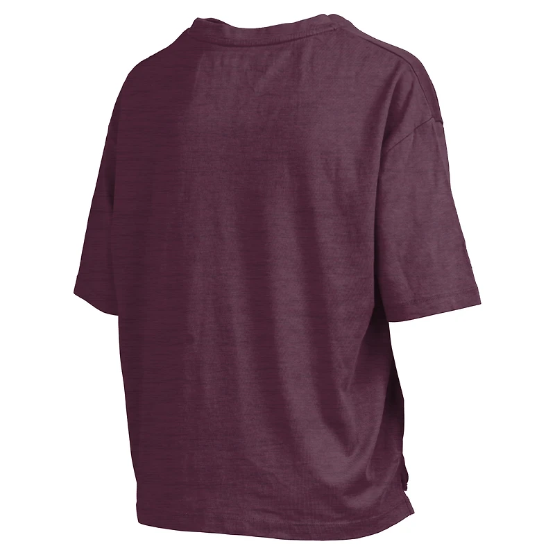 T-shirt surdimensionné flammé pour femme, couleur bordeaux, avec logo Nelson Arch Over, longueur à la taille, Texas A&M Aggies