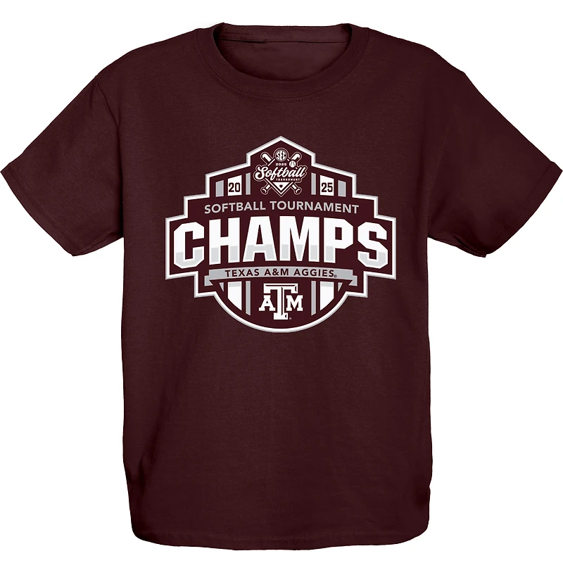 T-shirt bleu 84 marron pour jeunes, champions du tournoi de softball la conférence SEC 2025 des Texas A&M Aggies, le vestiaire