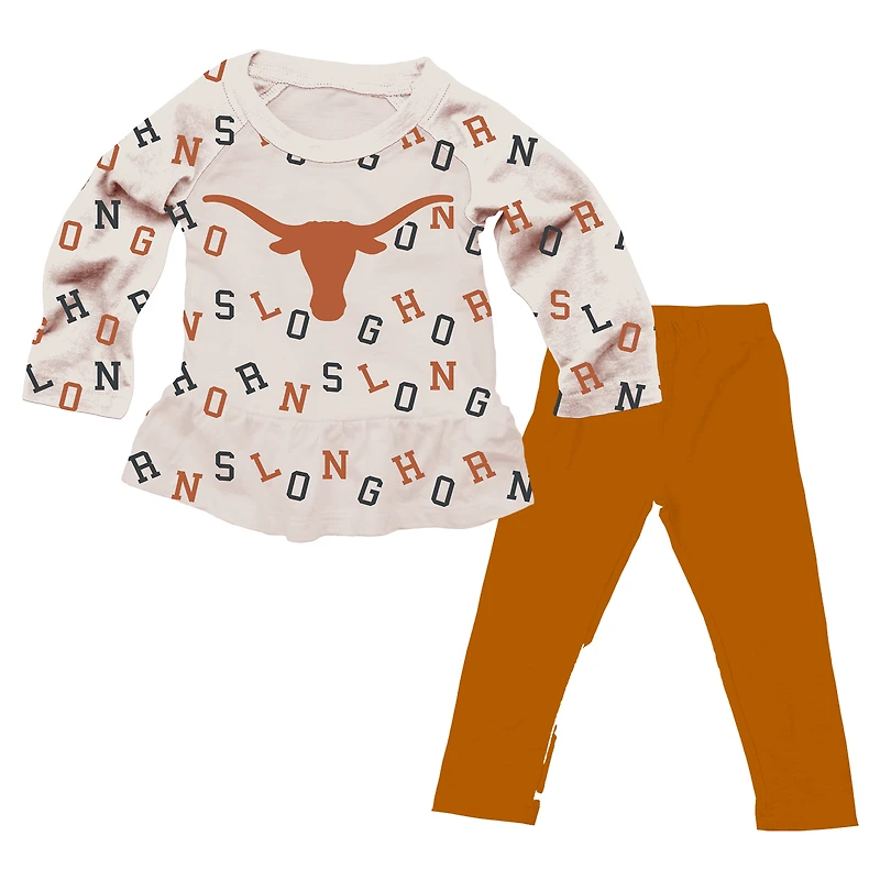 Girls Infant Wes & Willy Oatmeal Texas Longhorns Ruffle Raglan Long Sleeve T-Shirt Leggings Set