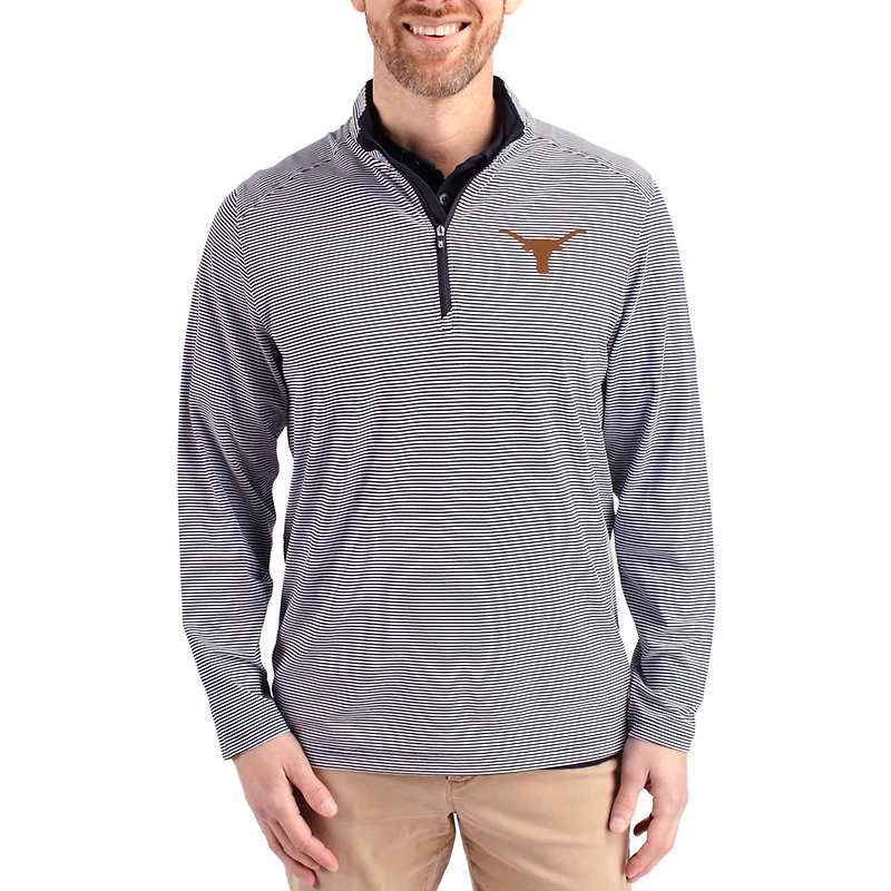 Men's Cutter & Buck Navy Texas Longhorns Virtue Micro Stripe DryTec Quarter-Zip Pullover