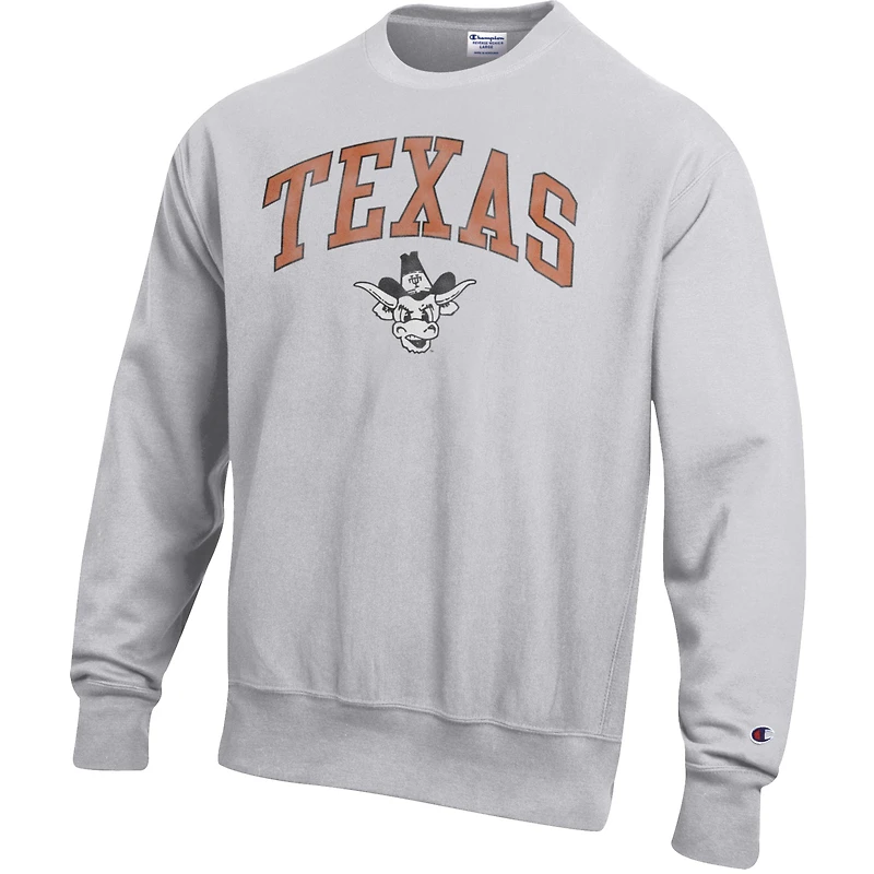 Men's Champion Gray Texas Longhorns Distressed Arch Over Logo Reverse Weave Crew Neck Sweatshirt