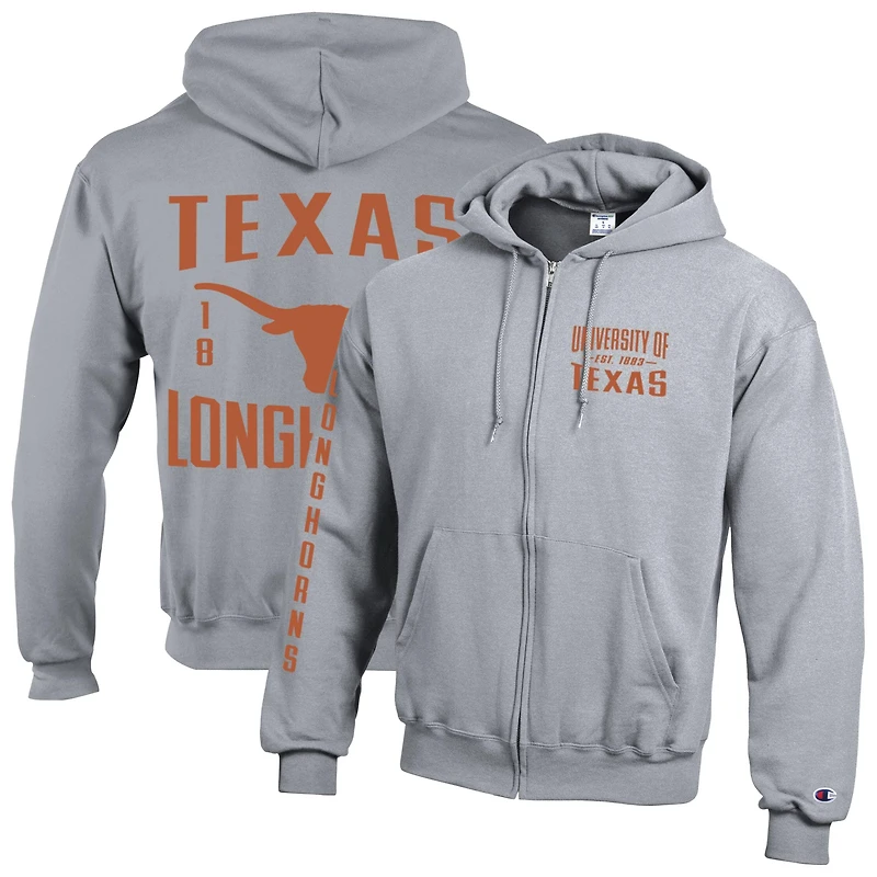 Sweat à capuche zippé en polaire Powerblend gris Champion Texas Longhorns Varsity pour homme