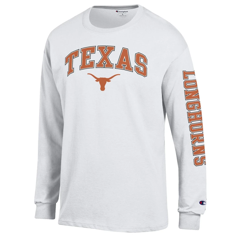T-shirt à manches longues blanc Champion Texas Longhorns pour homme avec logo Arch Over 2-Hit