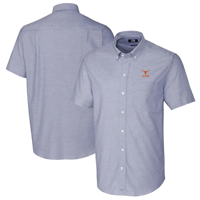 Chemise boutonnée à manches courtes en tissu Oxford extensible bleu clair pour homme, avec logo des anciens Texas Longhorns, Cutter & Buck