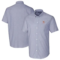 Chemise boutonnée à manches courtes en tissu Oxford extensible bleu clair pour homme, avec logo des anciens Texas Longhorns, Cutter & Buck