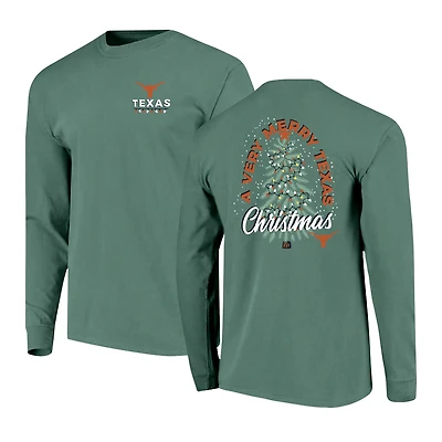 Men's  Green Texas Longhorns Comfort Colors Merry Christmas Tree Long Sleeve T-Shirt