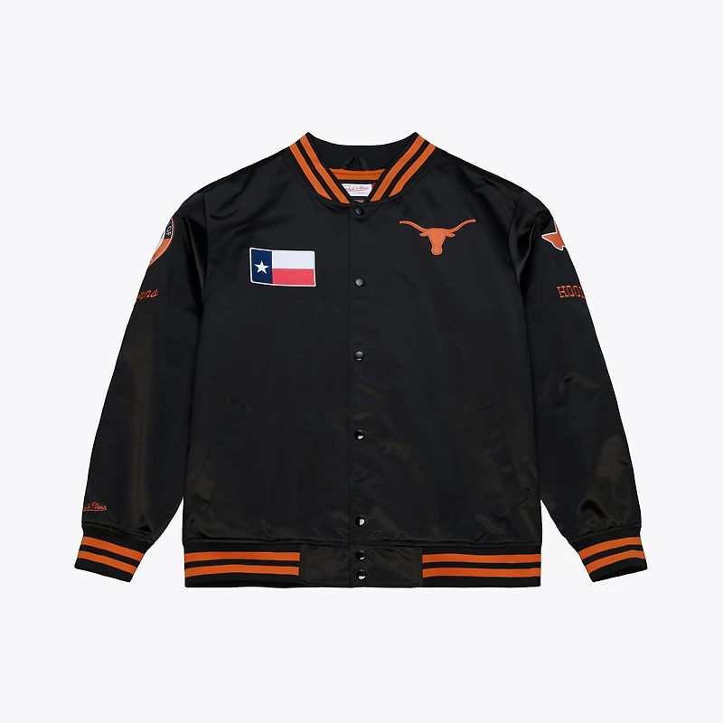 Veste Mitchell & Ness pour homme, modèle Texas Longhorns, noire, à double pochette, légère, en satin et boutons-pression.
