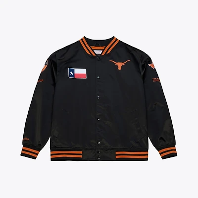 Veste Mitchell & Ness pour homme, modèle Texas Longhorns, noire, à double pochette, légère, en satin et boutons-pression.