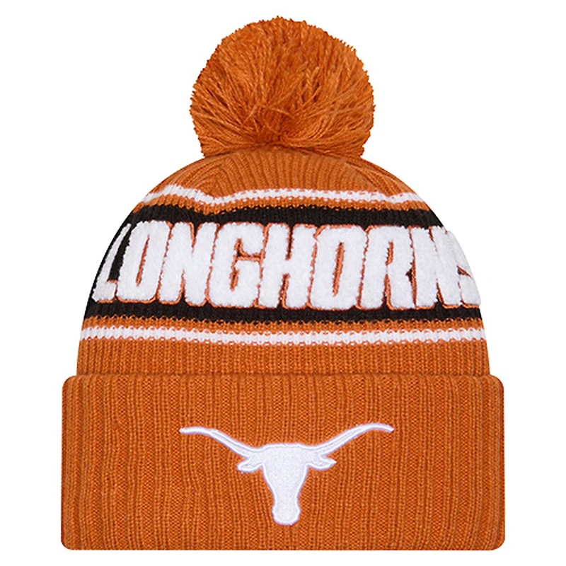 Bonnet en tricot à revers et pompon Texas Longhorns orange brûlé New Era pour homme
