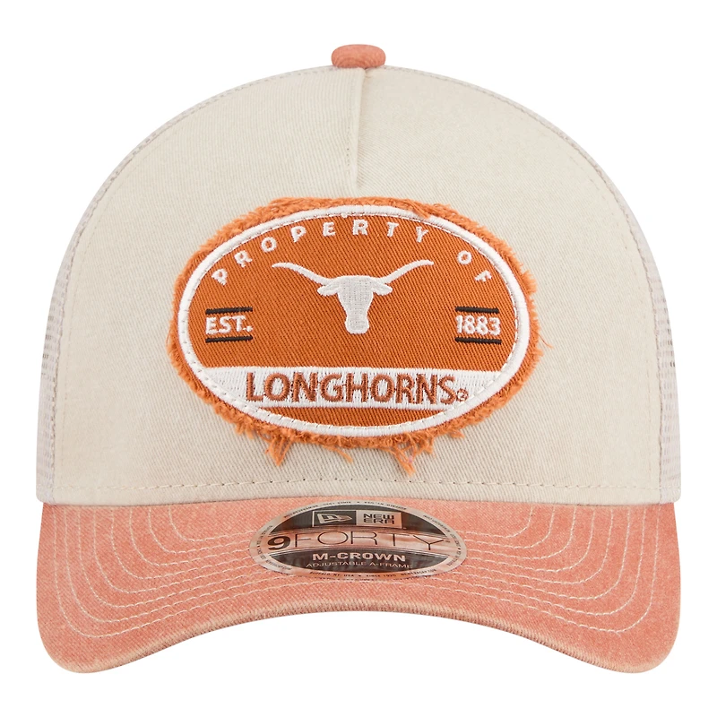Men's New Era Stone/Texas Orange Texas Longhorns Frayed Patch 9FORTY M-Crown A-Frame Trucker Adjustable Hat