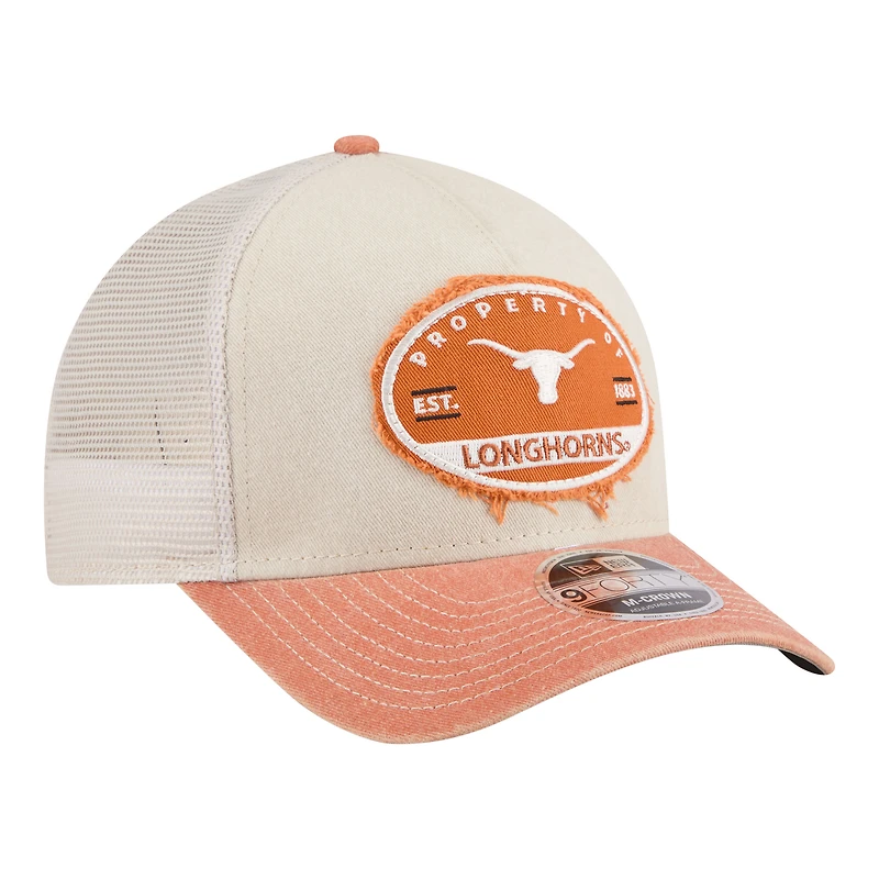 Casquette trucker ajustable New Era Stone/Texas Orange Texas Longhorns à écusson effiloché 9FORTY M-Crown A-Frame pour homme
