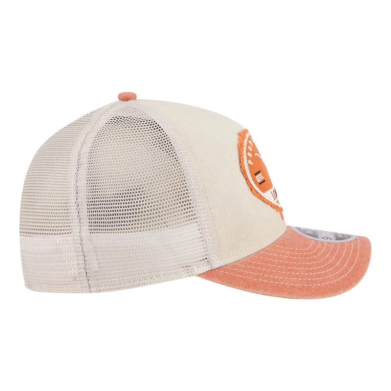 Men's New Era Stone/Texas Orange Texas Longhorns Frayed Patch 9FORTY M-Crown A-Frame Trucker Adjustable Hat