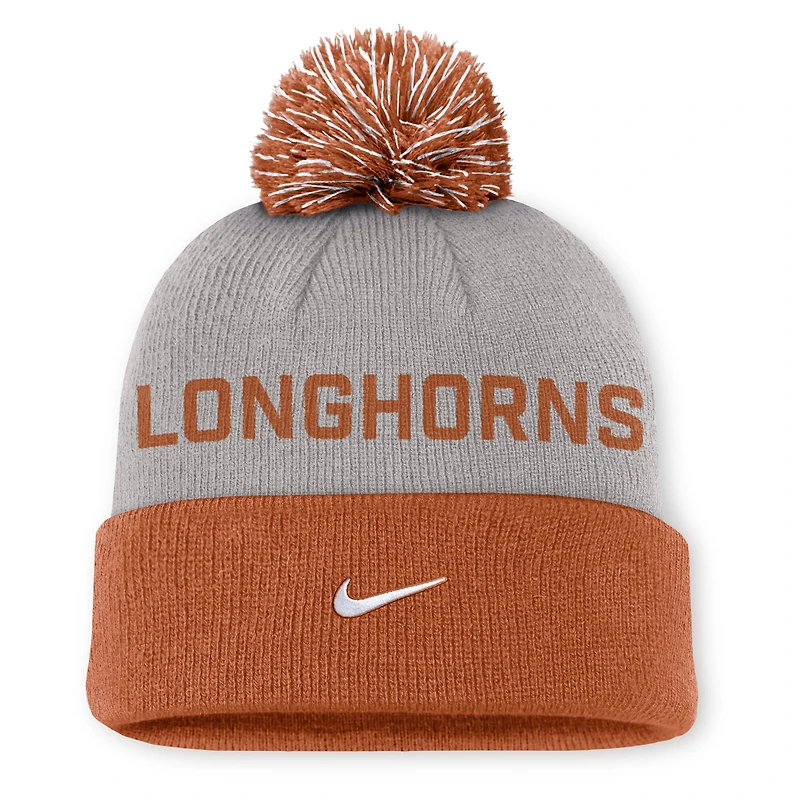 Bonnet en tricot à revers et pompon Nike Primetime Peak pour homme, gris/orange Texas Longhorns
