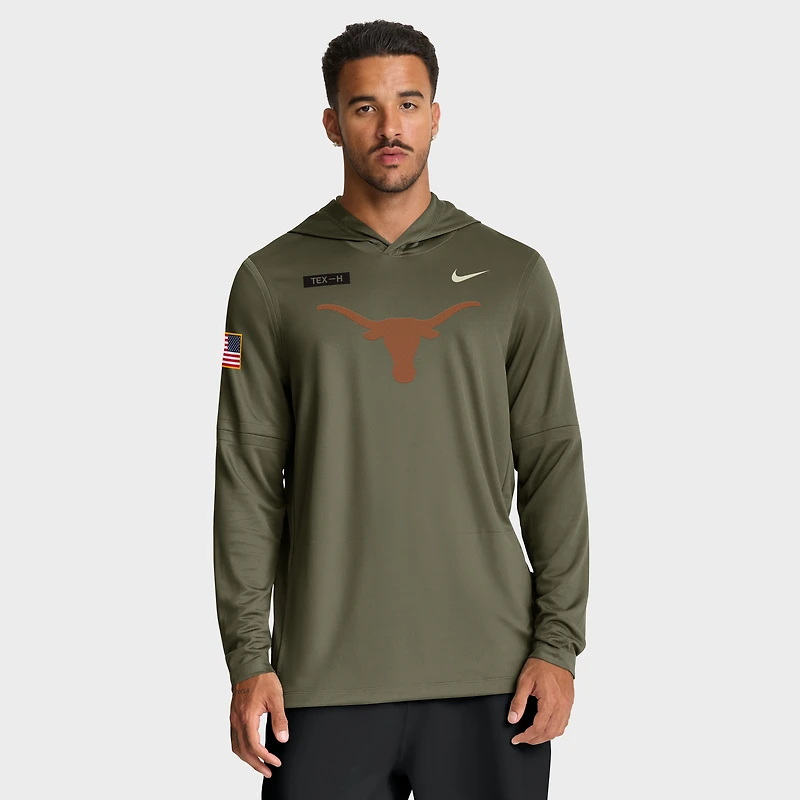 Men's Nike Olive Texas Longhorns 2025 Military Appreciation Dri-FIT Long Sleeve Hoodie T-Shirt