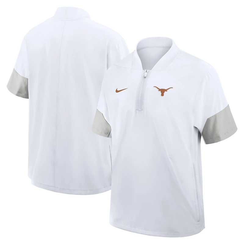 Veste d'entraîneur Nike blanche Texas Longhorns 2025 Sideline à manches courtes et fermeture éclair au quart Dri-FIT pour homme