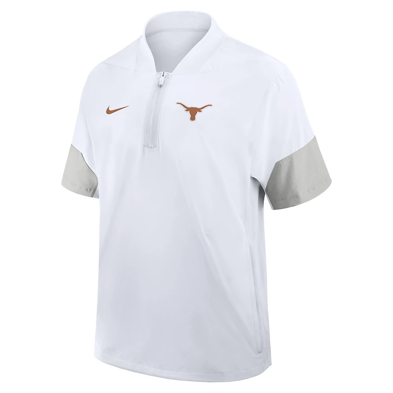 Veste d'entraîneur Nike blanche Texas Longhorns 2025 Sideline à manches courtes et fermeture éclair au quart Dri-FIT pour homme