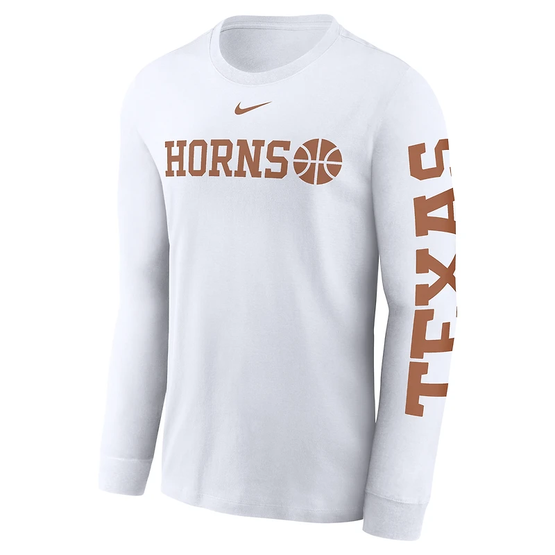 T-shirt à manches longues Nike Texas Longhorns Basketball Icon Two-Hit pour homme, blanc