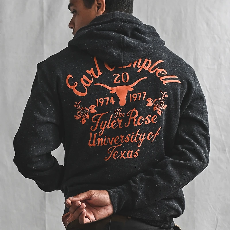 Men's Roots of Fight Earl Campbell Black Texas Longhorns Tyler Rose Name & Number Hoodie