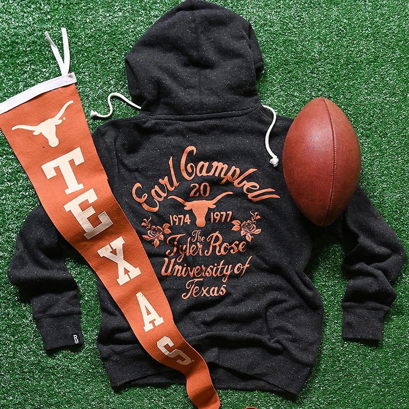 Men's Roots of Fight Earl Campbell Black Texas Longhorns Tyler Rose Name & Number Hoodie