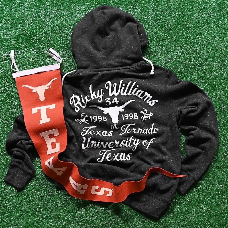 Sweat à capuche noir Ricky Williams Texas Longhorns Tornado avec nom et numéro pour homme