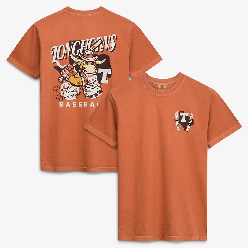 T-shirt de baseball pour homme Texas Orange Longhorns avec mascotte dessinée