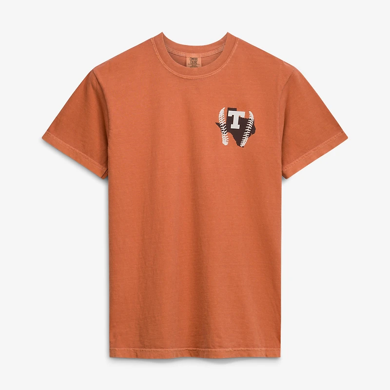 T-shirt de baseball pour homme Texas Orange Longhorns avec mascotte dessinée