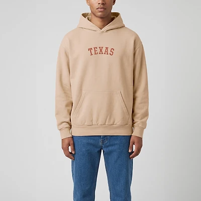 Sweat à capuche épais vintage Uscape Apparel pour homme, couleur beige, avec broderie l'envers des Texas Longhorns.