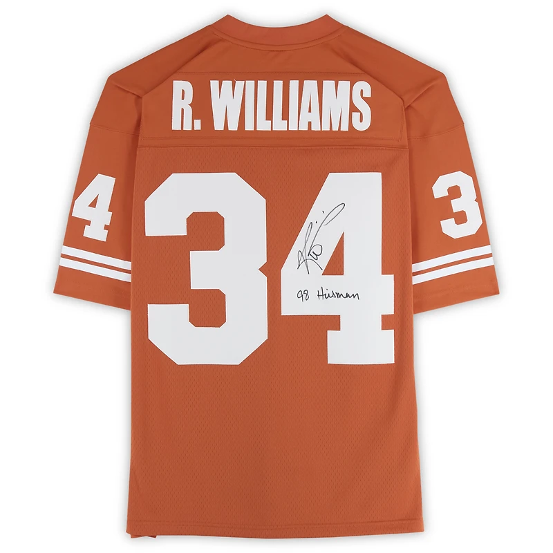 Maillot réplique orange autographié par Ricky Williams des Texas Longhorns, Mitchell & Ness, avec inscription « 98 Heisman ».