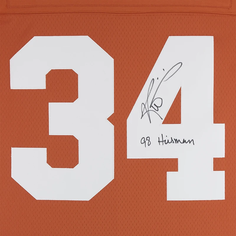 Maillot réplique orange autographié par Ricky Williams des Texas Longhorns, Mitchell & Ness, avec inscription « 98 Heisman ».