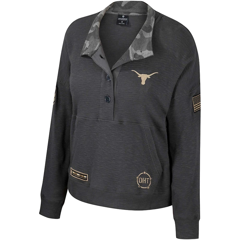 Women's Colosseum  Heather Charcoal Texas Longhorns OHT Military Appreciation Payback Henley Thermal Sweatshirt