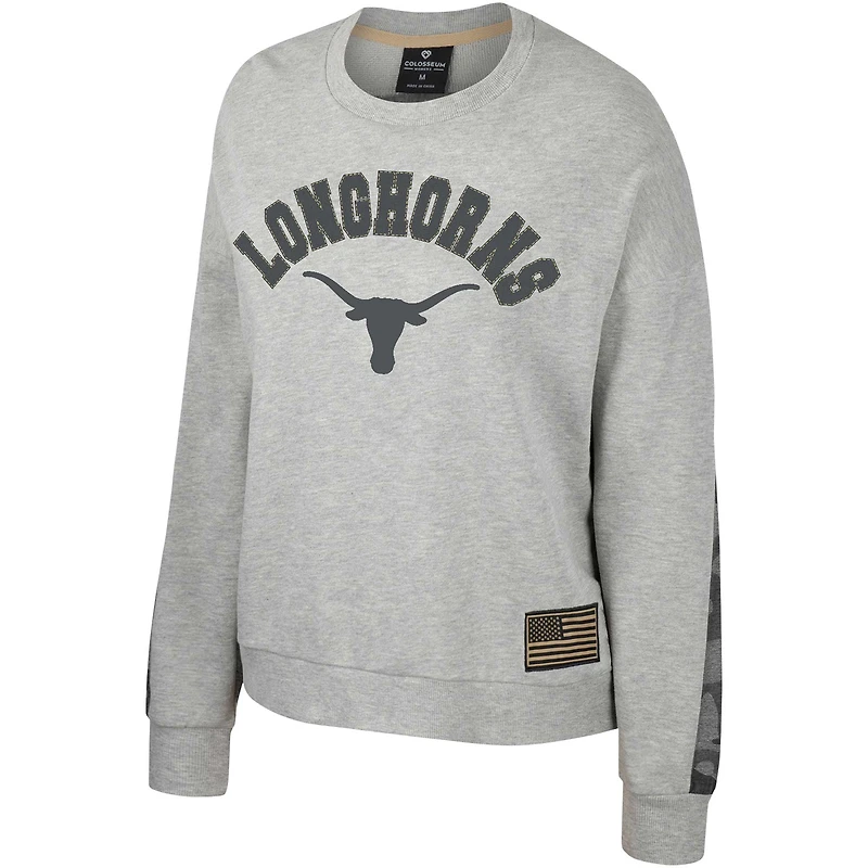Women's Colosseum Heather Gray Texas Longhorns OHT Military Appreciation Flag Rank Dolman Pullover Sweatshirt